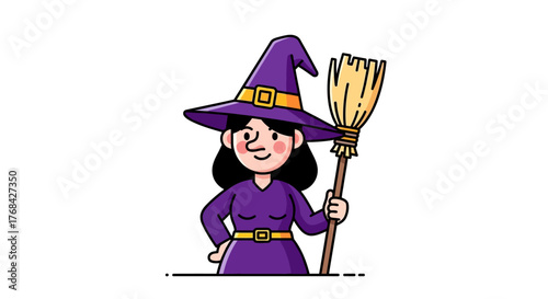 A charming cartoon witch with a traditional hat and a broom ready for halloween festivities