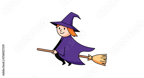 Whimsical cartoon depiction of a cheerful witch soaring on her broomstick illustration