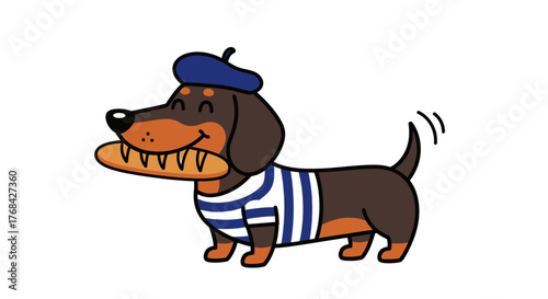 Cartoon dachshund with beret and striped shirt holding baguette illustration