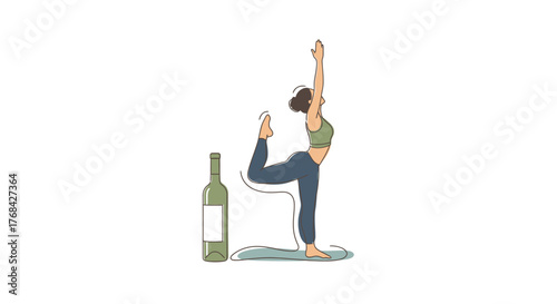 Balancing act woman in yoga pose alongside wine bottle for wellbeing concept illustration