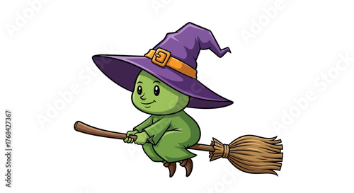 Cartoon green witch character riding a broomstick for halloween festive design graphic artwork