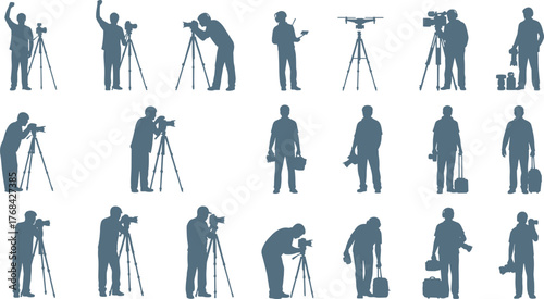 Photographer silhouette collection, camera gear poses, tripod setup icons, drone control actions, creative fieldwork graphics, flat vector illustration
