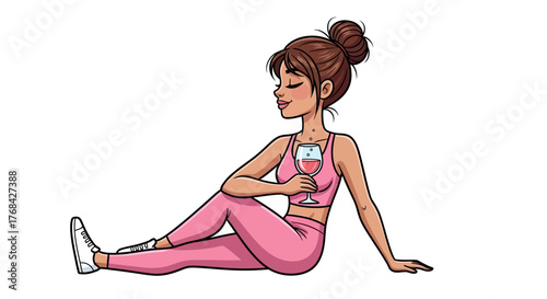 Cartoon woman in sporty attire holding a glass of ros? wine enjoying a moment of relaxation after
