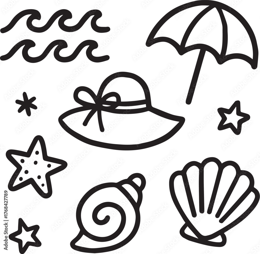 Naklejka premium Hand drawn doodle style summer beach elements vector file on white background