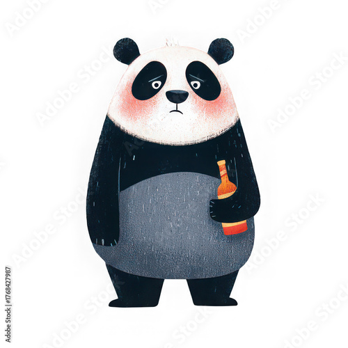 Sad panda bear holding bottle, cartoon animal illustration, hand drawn style, black and white fur, standing, emotional expression, isolated on transparency background