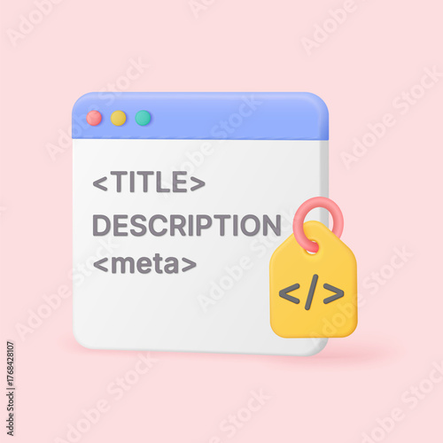 Web design concept showing 3D browser window with meta tags and description for SEO optimization, soft pink background perfect for digital marketing vector illustration