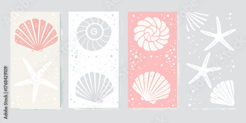 Collection of stylized seashells and starfish illustrations in pastel colors on textured backgrounds