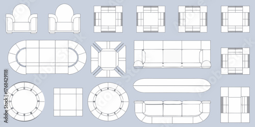 Collection of top view furniture outlines including sofas chairs and modular seating arrangements