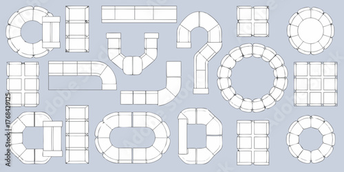 Collection of various modular sofa configurations and designs shown from a top down perspective