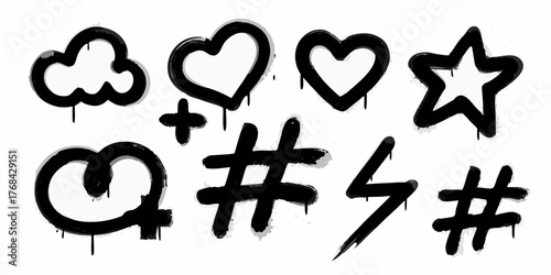 Collection of black graffiti style icons including hearts clouds stars hashtags and lightning bolts
