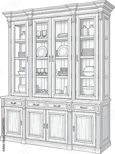 Elegant White Pantry Sketch Cabinet with Glass Doors and Crockery Interior Illustration