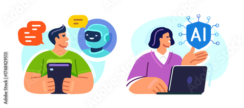 Woman working on laptop with AI. Online support, digital assistance, communication customer service. Workspace business