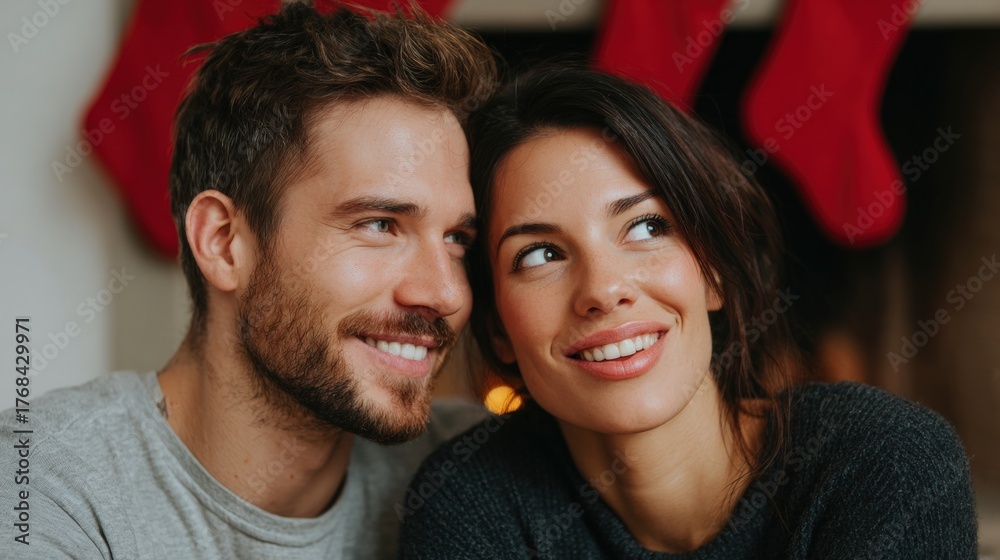 Fototapeta premium Close-up portrait of a young couple sitting close together and looking up at the sky. they are both smiling and appear to be happy and relaxed.