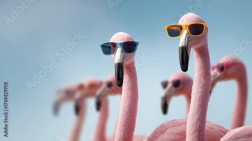 Group of stylish pink flamingos wearing fashionable colorful sunglasses and posing together, representing a fun and quirky concept for a summer vacation or a humorous beach party vibe