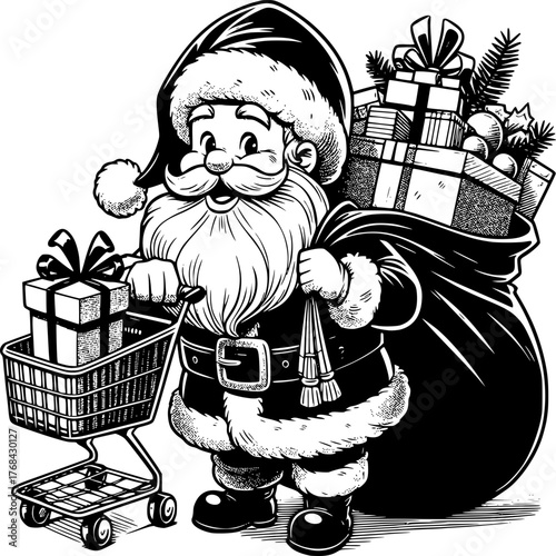 Santa's Christmas Shopping Spree: Santa Claus, a jovial figure, navigates a shopping cart loaded with gifts, with his large sack full of holiday presents.