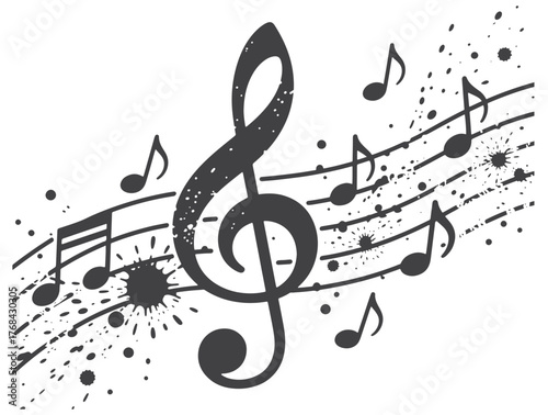  Bold black-and-white musical design featuring a large treble clef, flowing staff lines, and splatter accents. Ideal for music, art, or entertainment projects seeking energetic