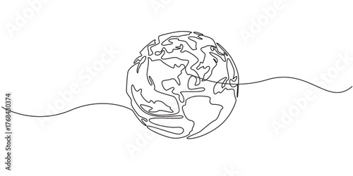 One line globe, earth planet outline, Continuous one line art drawing of earth planet, Globe, geography vector outline, Single line illustration of world map