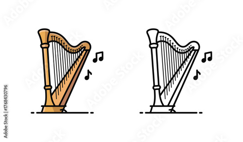Harp Line Icon Illustration. Classic String Musical Instrument Outline