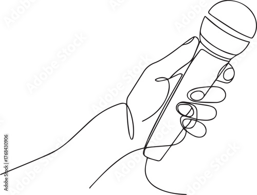 One continuous line drawing of a hand holding a microphone.