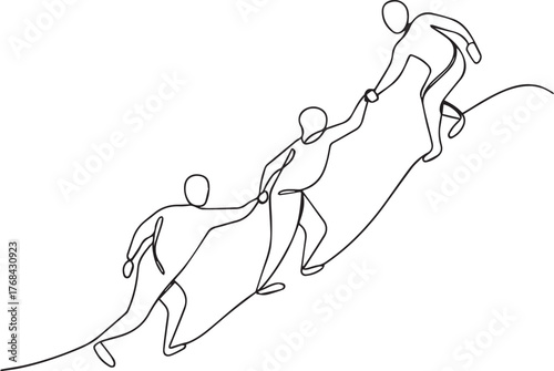 One continuous line drawing of teamwork, with people helping each other climb a slope.