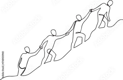 One continuous line drawing of teamwork, with people helping each other climb a slope.
