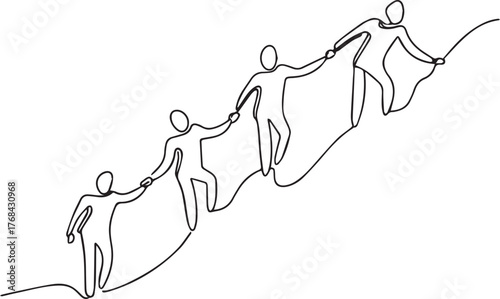 One continuous line drawing of teamwork, with people helping each other climb a slope.