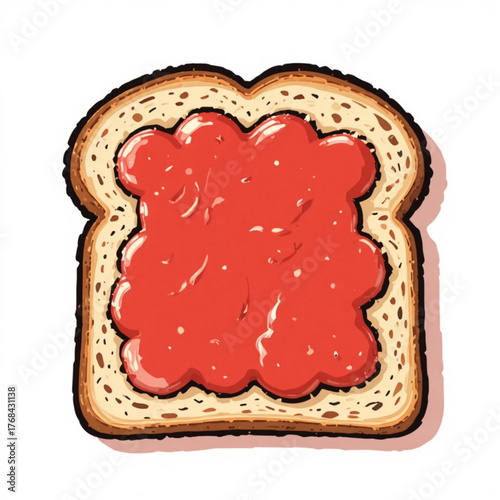 Slices of white bread with flat colored strawberry jam 