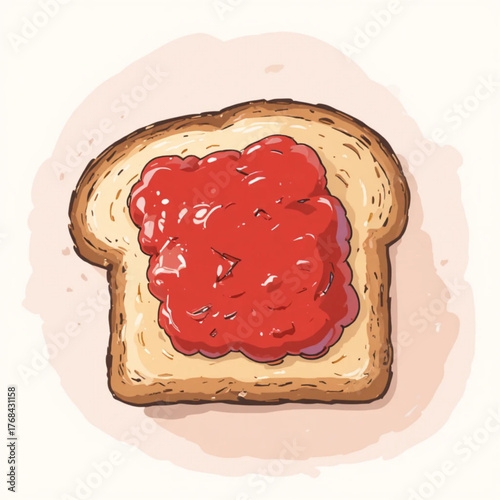 Slices of white bread with flat colored strawberry jam 