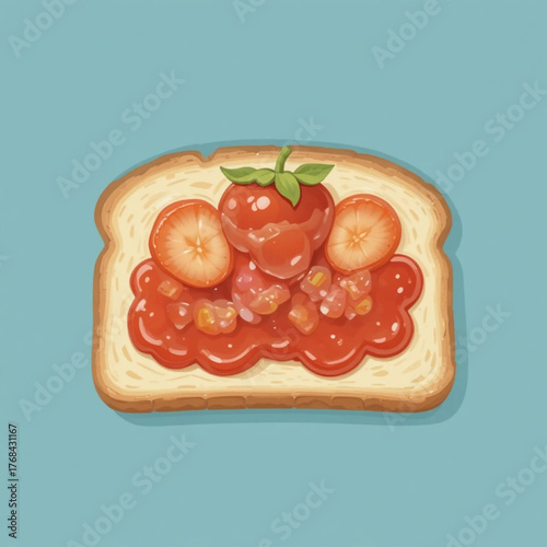 Slices of white bread with flat colored strawberry jam 