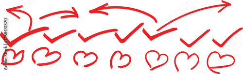 Collection of hand drawn red arrows and hearts on a white background with a light green watercolor wash.