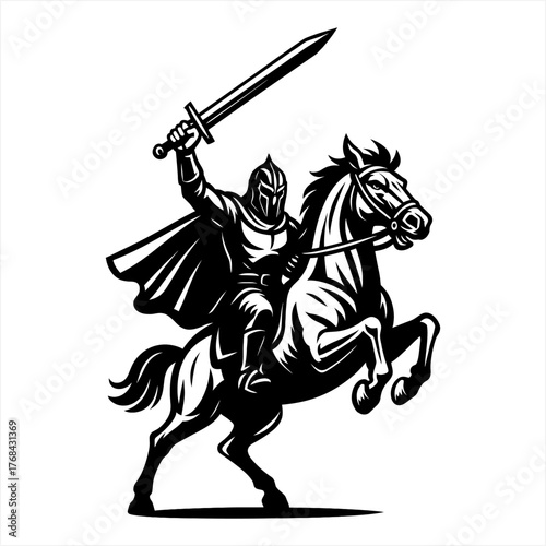 Medieval Knight on Rearing Horse with Sword - Vector Illustration