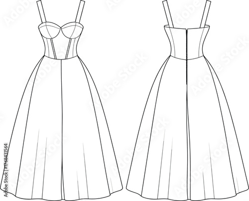 Elegant fashion illustration, technical dress sketch, structured bodice, flared skirt, garment design, front and back view, couture, pattern making
