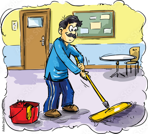 The janitor mopping the school cafeteria.