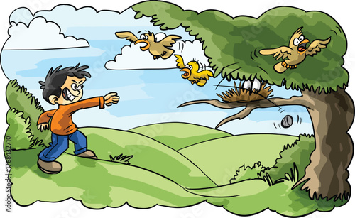 Naughty little cartoon boy throwing stones at birds.