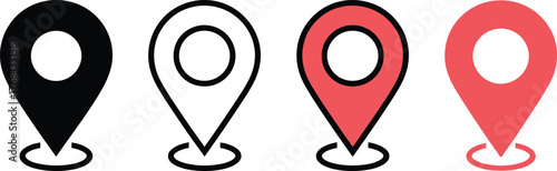 Set of black and red location pin map marker icons isolated on white background