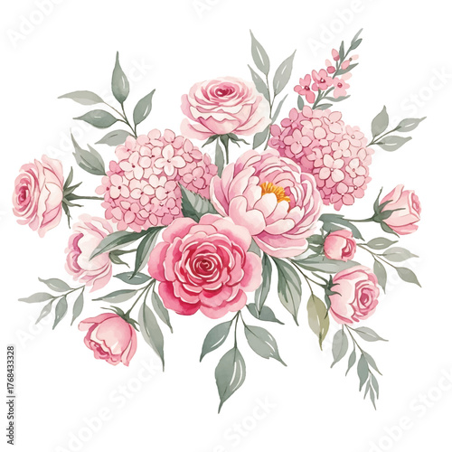 Watercolor Pink Roses and Peonies Flower Bouquet Arrangement