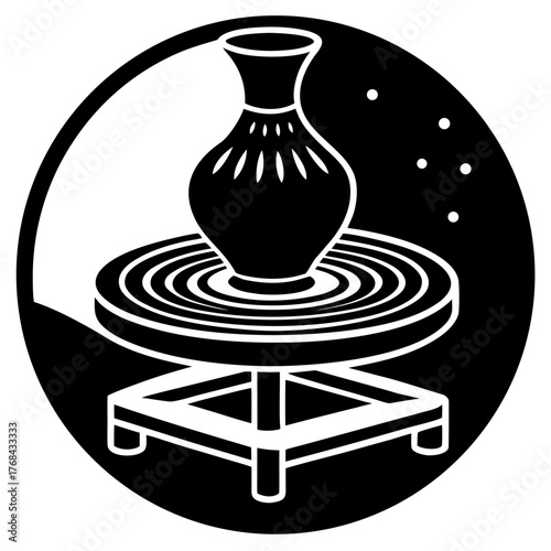 Vector illustration of a pottery wheel with vase silhouette