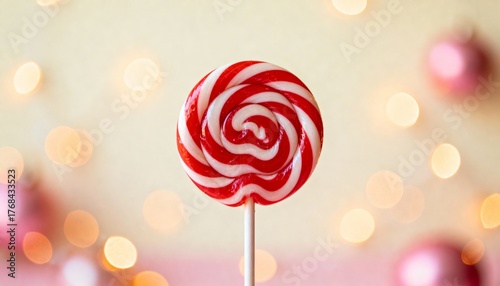 High resolution photo of a Christmas lollipop against a backdrop of soft, blurred bokeh lights. Festive holiday composition, cozy winter atmosphere.