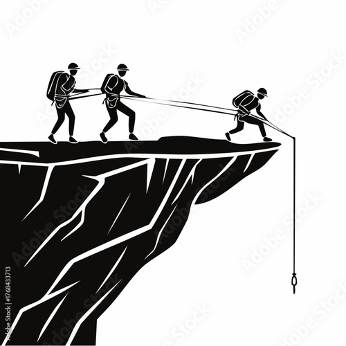 Climbing Team Overcoming Cliff Challenge.