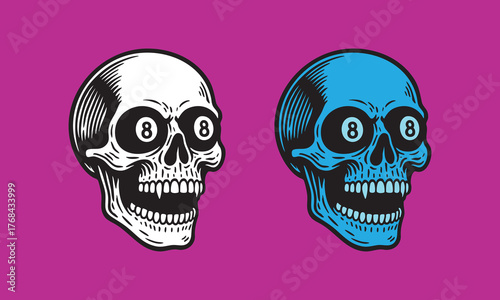 Skull with eight ball eyes, bold line art, colorful pop style, horror and surreal design concept