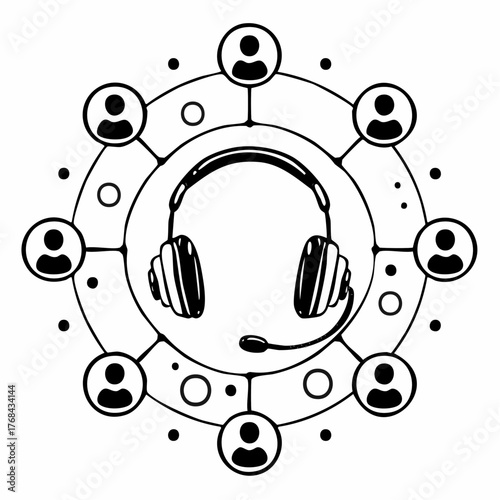 Customer Support Network with Headset and Connected People Icons.