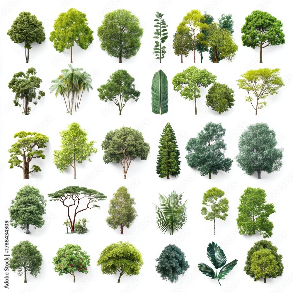 Fototapeta premium A collection of various green trees and leaves displayed on a white background, showcasing diversity in shape and foliage.