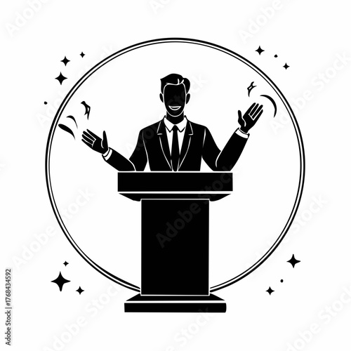 Green Politician Speaking at Podium.