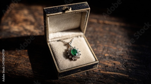 bezel. An heirloom emerald necklace and a family crest ring in an open velvet box. lifestyle magazines, social media lookbooks, designed for lifestyle magazines and social media content.