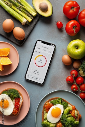 Flat lay of smartphone showing calorie tracking app, surrounded by neatly prepared healthy meals, digital diet concept