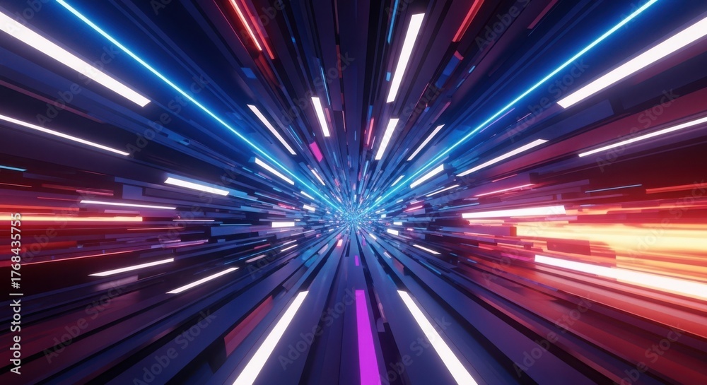 Obraz premium Abstract neon light tunnel streaks through cosmic space