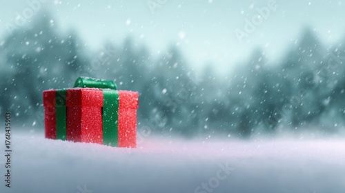 Fototapeta Naklejka Na Ścianę i Meble -  Small red gift box with a green ribbon tied around it, sitting on a snow-covered ground. the background is blurred, but it appears to be a snowy landscape with trees in the distance.