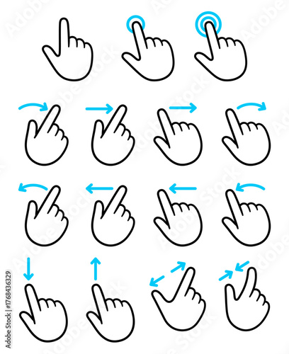 Touch screen  finger gestures icons. Tap, swipe, scroll, drag, pinch to zoom. Cartoon hand drawn vector illustration set.
