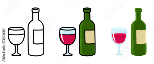 Wine bottle and glass hand drawn doodle. Black and white line icon, color and flat cartoon drawing. Simple vector clip art illustration.