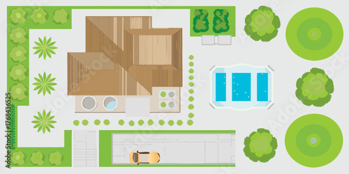Top down view of a modern house with a swimming pool driveway and lush green landscaping